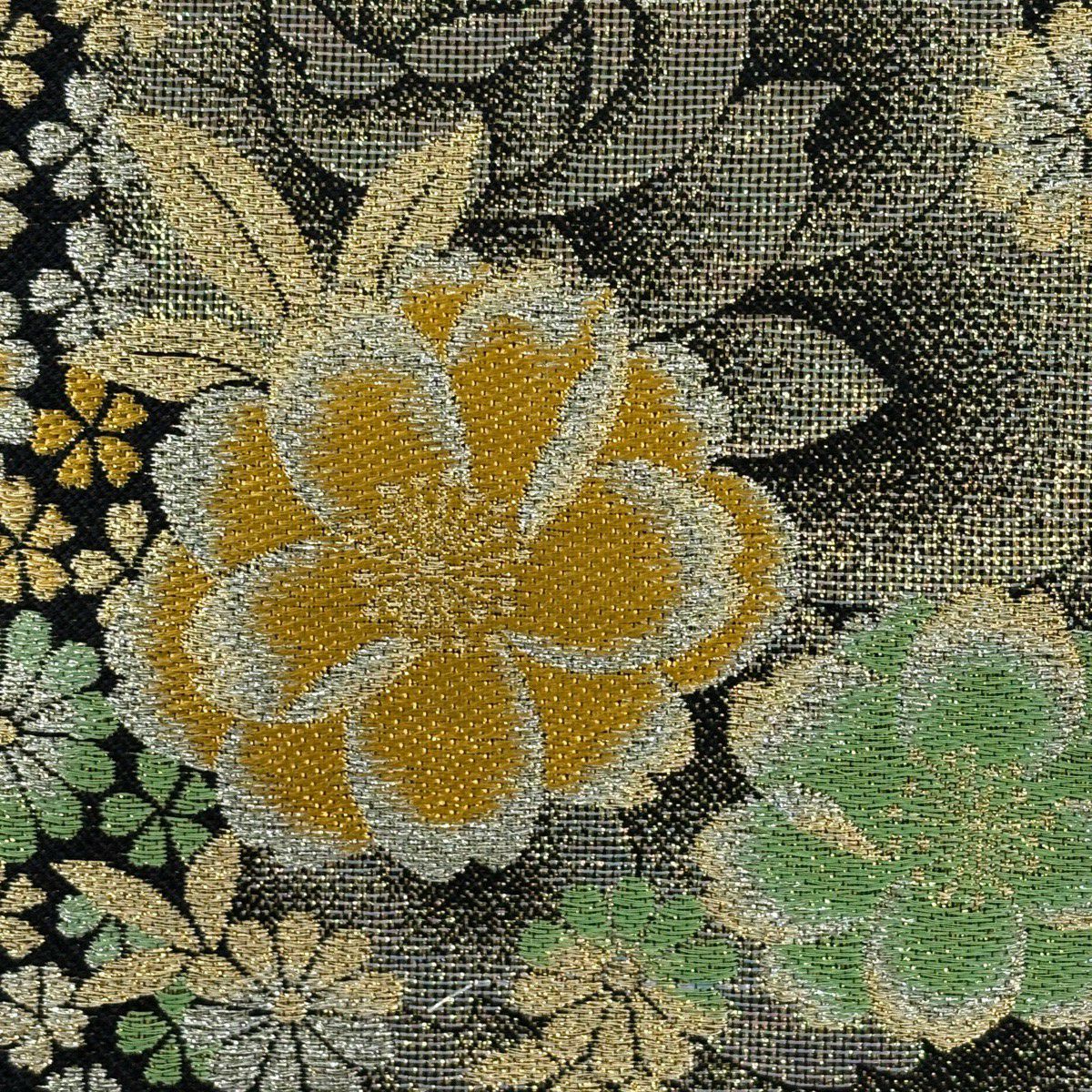 【美品】 袋帶 秀品級 振袖禮服禮服用 薔薇 草花紋 金銀彩 金金箔 黑 六通 純蠶絲