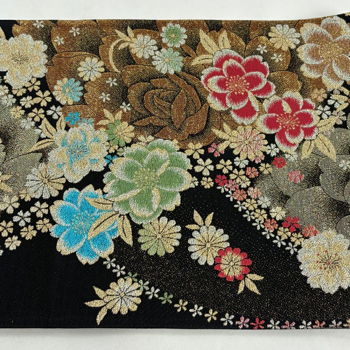【美品】 袋帶 秀品級 振袖禮服禮服用 薔薇 草花紋 金銀彩 金金箔 黑 六通 純蠶絲