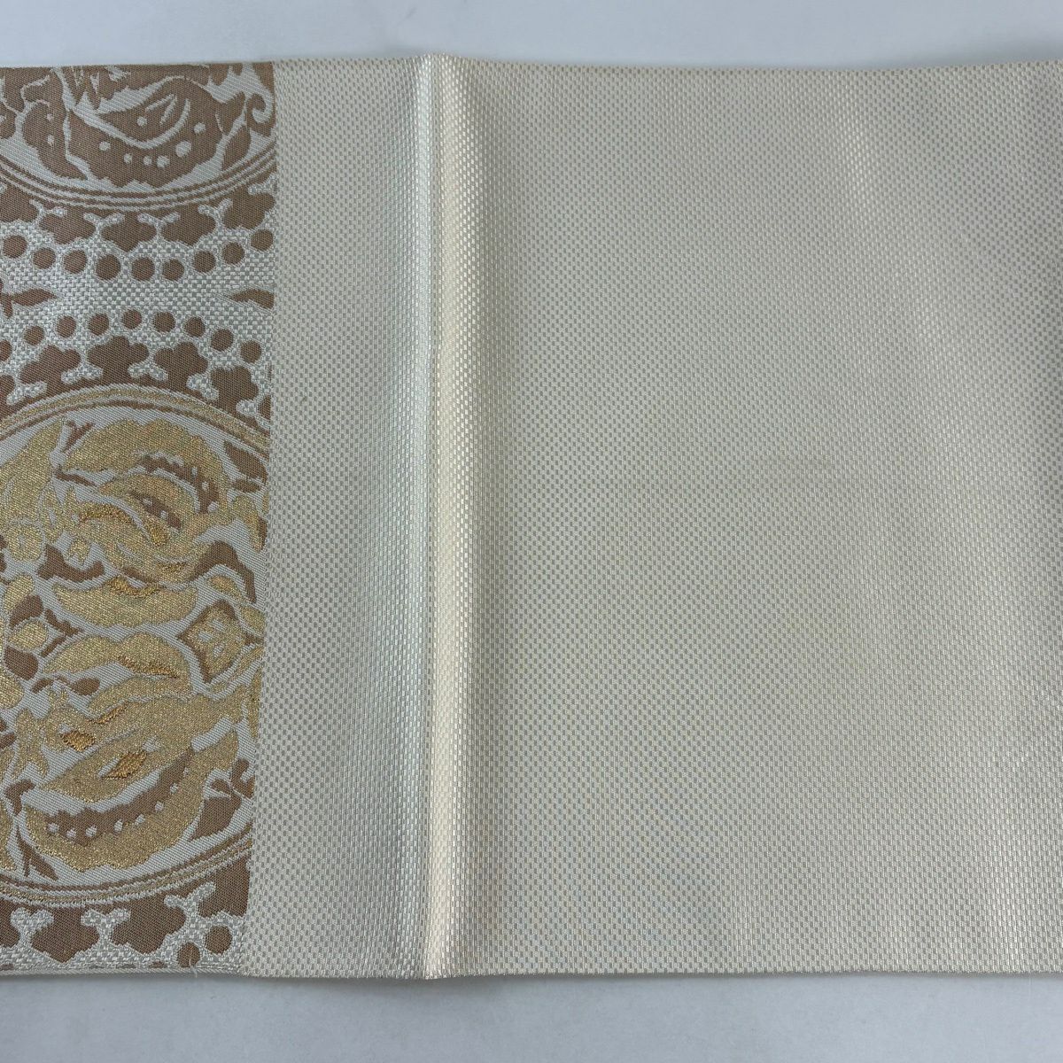 【美品】 袋帶 秀品級 向鳥 華紋 金絲 金金箔 奶油 六通 純蠶絲