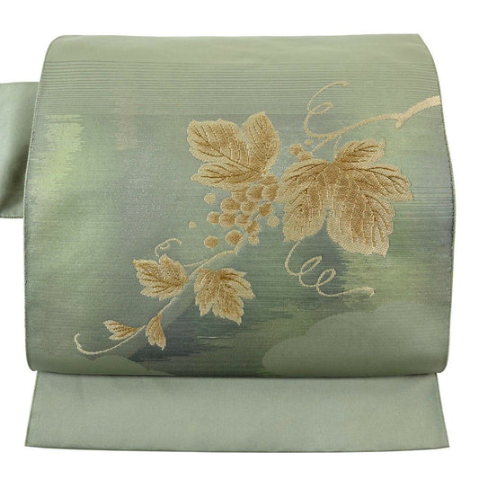 【美品】名古屋帶 秀品級 葡萄 金金箔 淺綠 純蠶絲