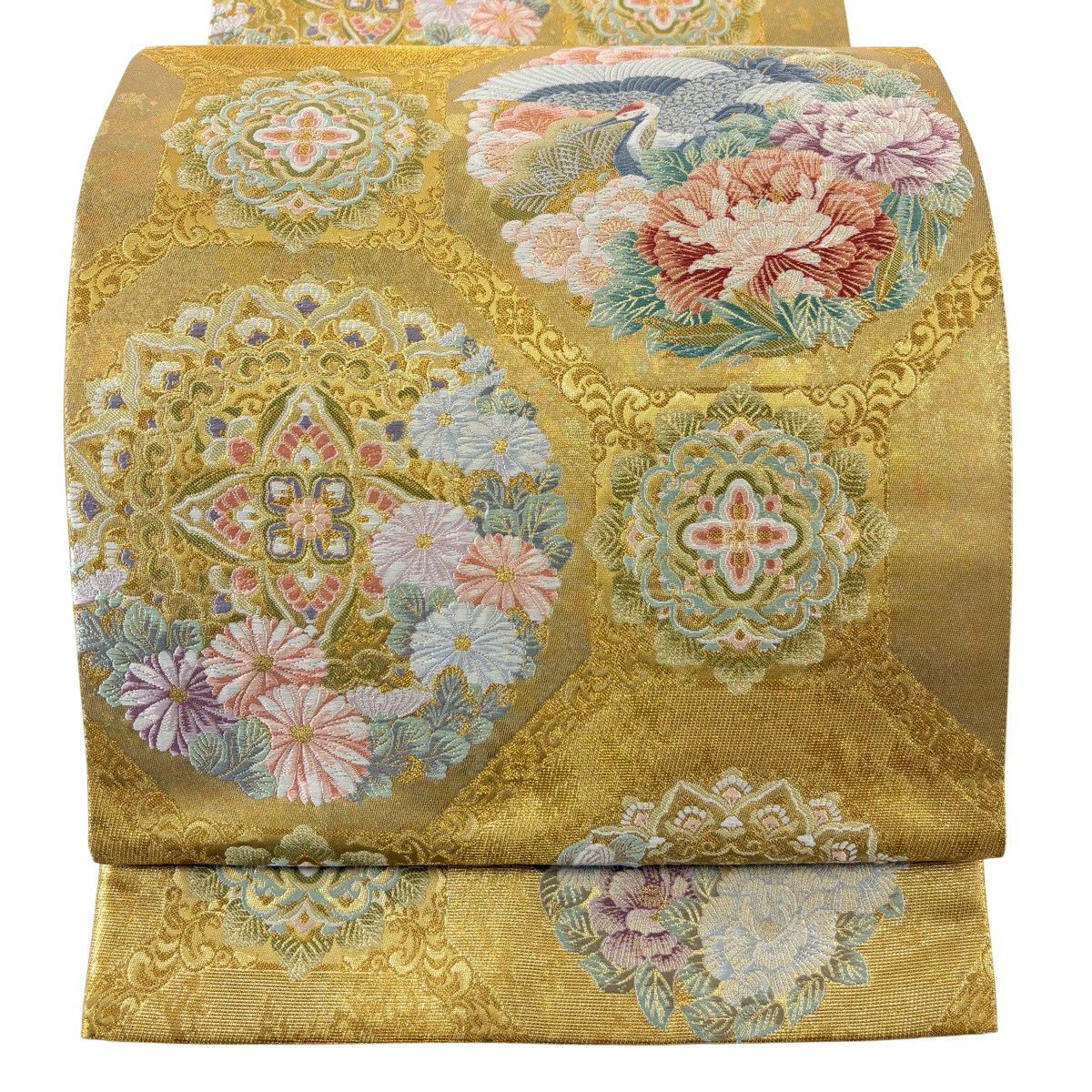 【美品】 袋帶 秀品級 華紋 仙鶴 金絲 金金箔 金色 六通 純蠶絲