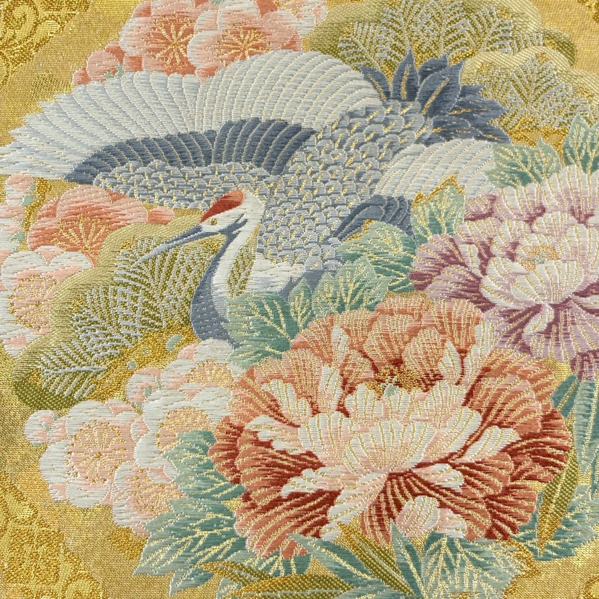 【美品】 袋帶 秀品級 華紋 仙鶴 金絲 金金箔 金色 六通 純蠶絲