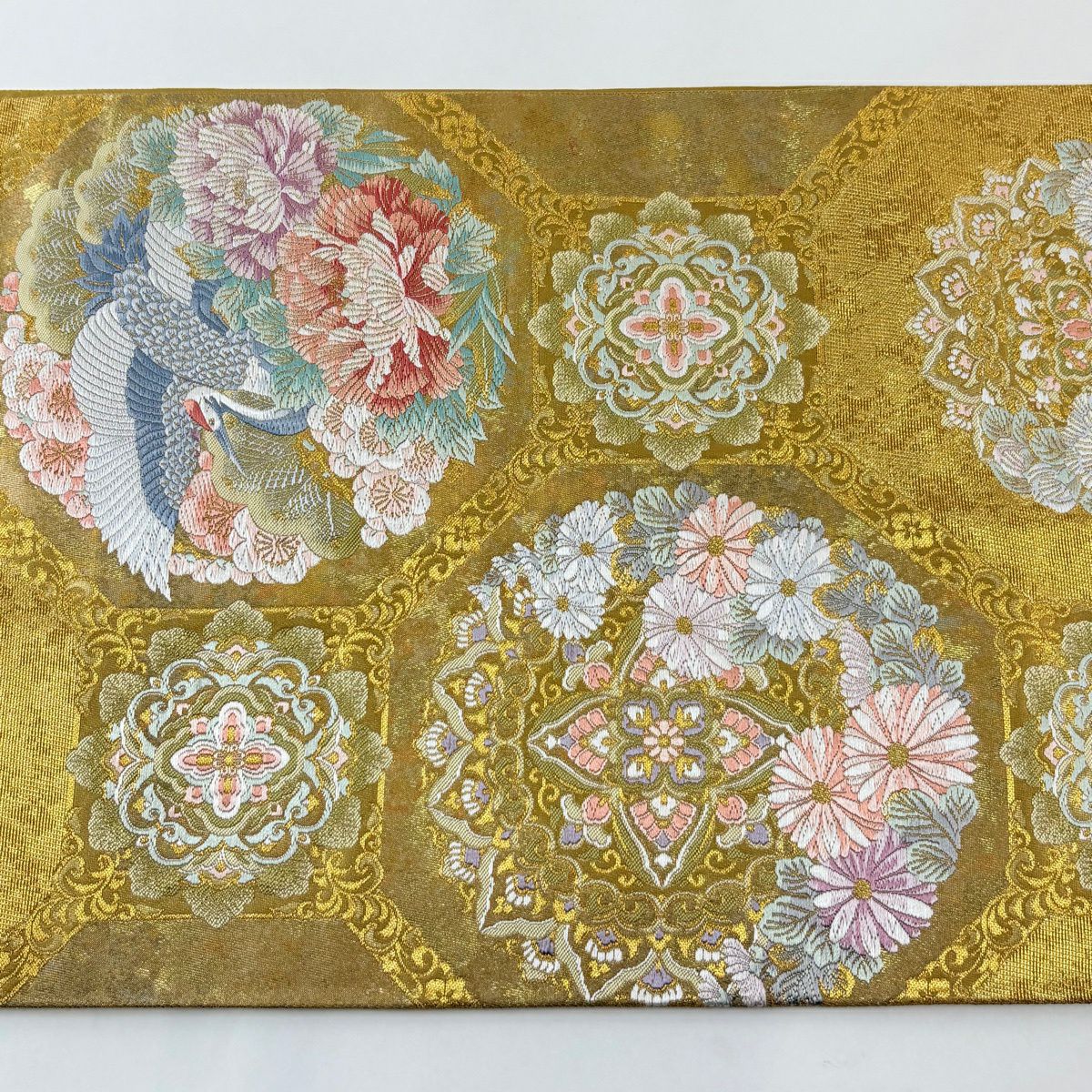 【美品】 袋帶 秀品級 華紋 仙鶴 金絲 金金箔 金色 六通 純蠶絲
