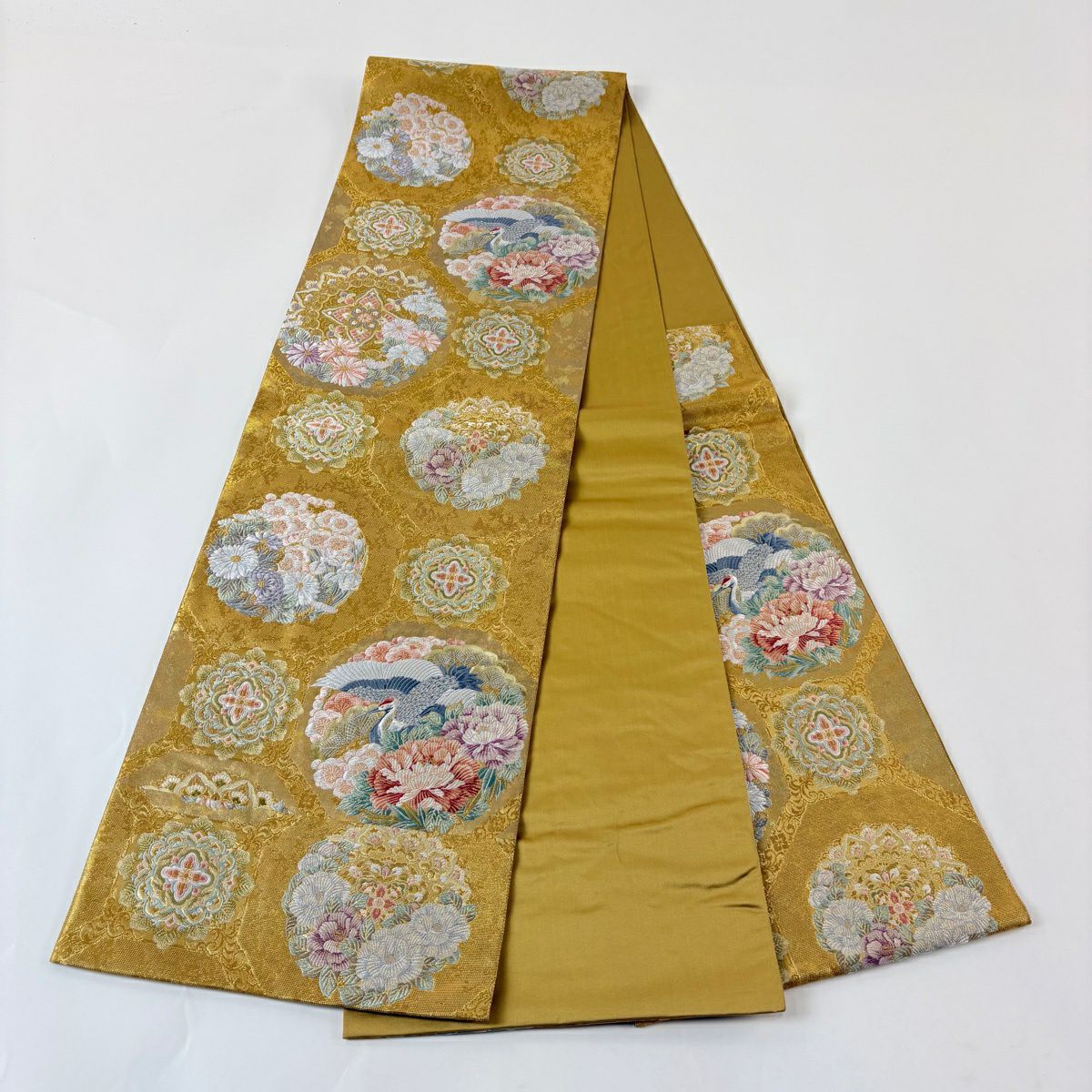 【美品】 袋帶 秀品級 華紋 仙鶴 金絲 金金箔 金色 六通 純蠶絲