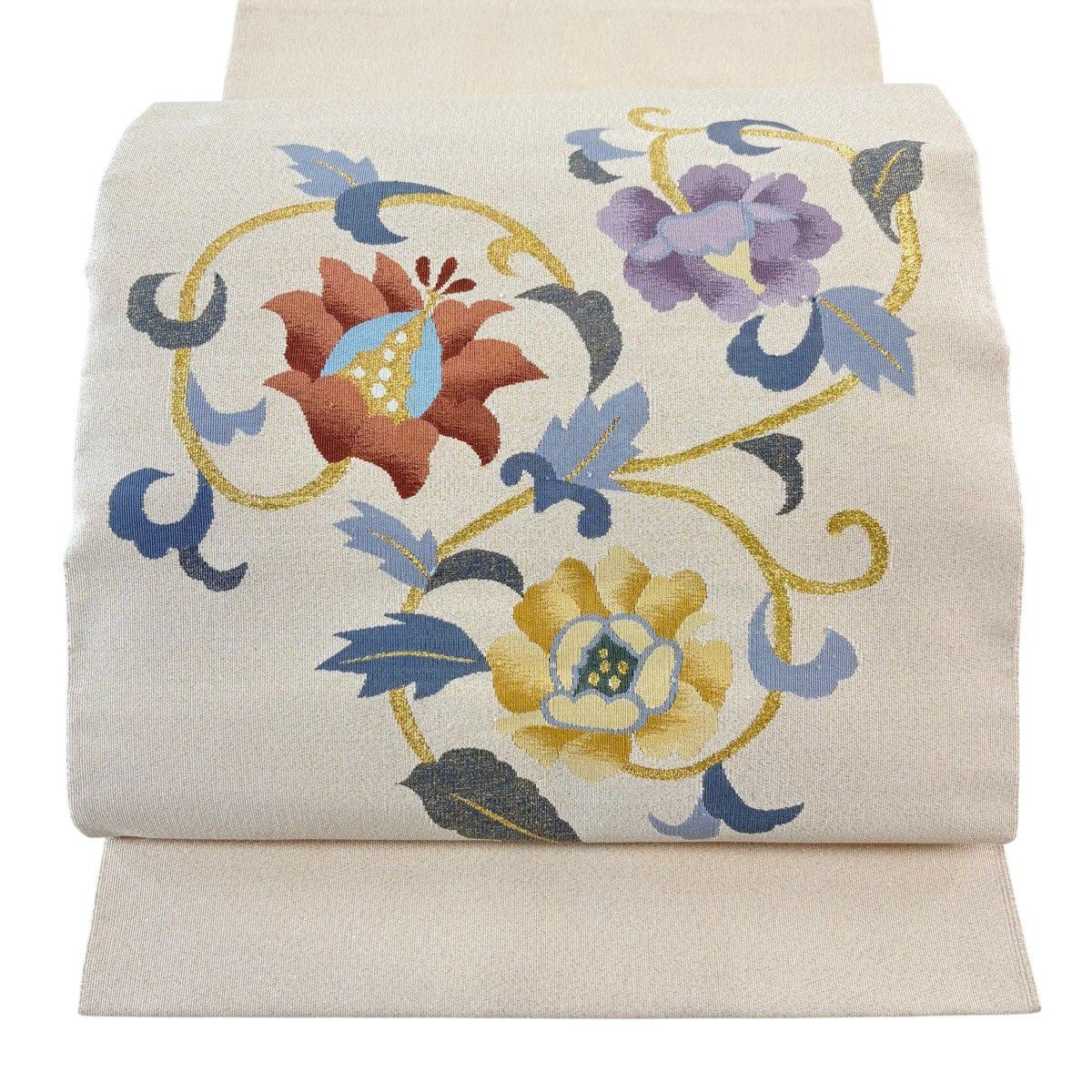 【美品】 名古屋帶 秀品級 松樹葉仕立 八寸名古屋帶 花唐草紋 金絲 米色 純蠶絲