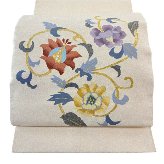 【美品】 名古屋帶 秀品級 松樹葉仕立 八寸名古屋帶 花唐草紋 金絲 米色 純蠶絲