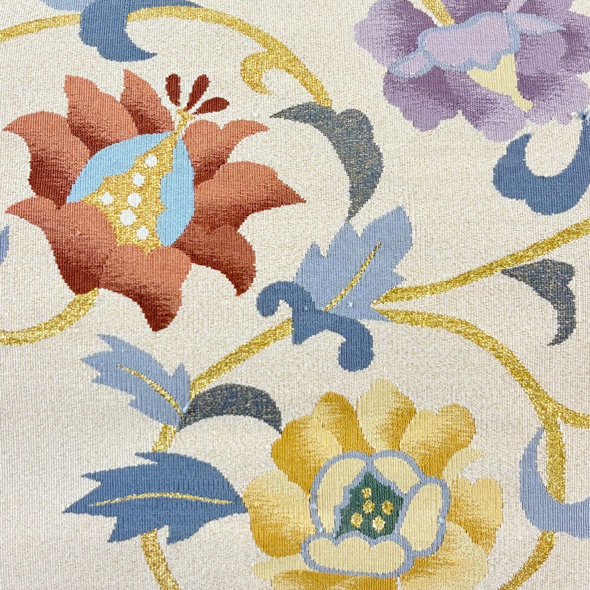 【美品】 名古屋帶 秀品級 松樹葉仕立 八寸名古屋帶 花唐草紋 金絲 米色 純蠶絲