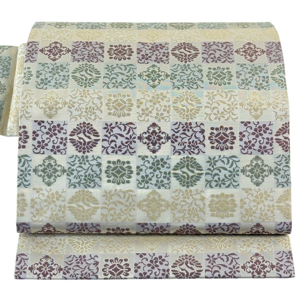 【美品】名古屋帶 秀品級 華紋 市松樹 金金箔 米色 純蠶絲
