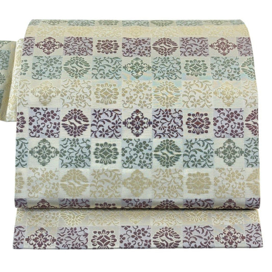 【美品】名古屋帶 秀品級 華紋 市松樹 金金箔 米色 純蠶絲