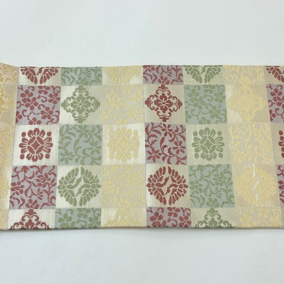 【美品】名古屋帶 秀品級 華紋 市松樹 金金箔 米色 純蠶絲