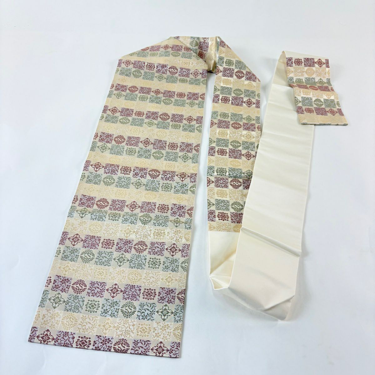 【美品】名古屋帶 秀品級 華紋 市松樹 金金箔 米色 純蠶絲