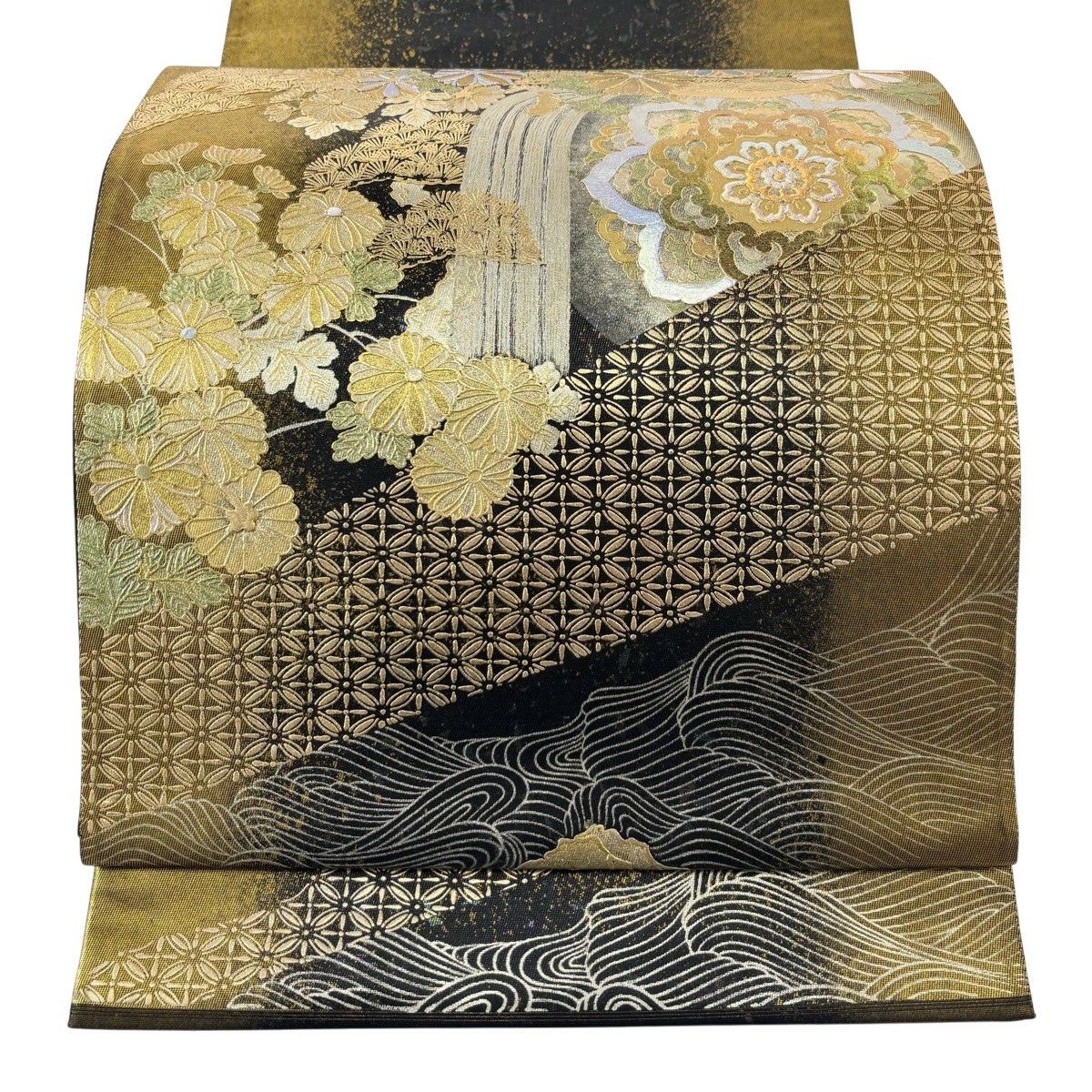 【美品】 袋帶 秀品級 華紋 菊花 金銀彩 拉麵 金色 大鼓圖案 純蠶絲