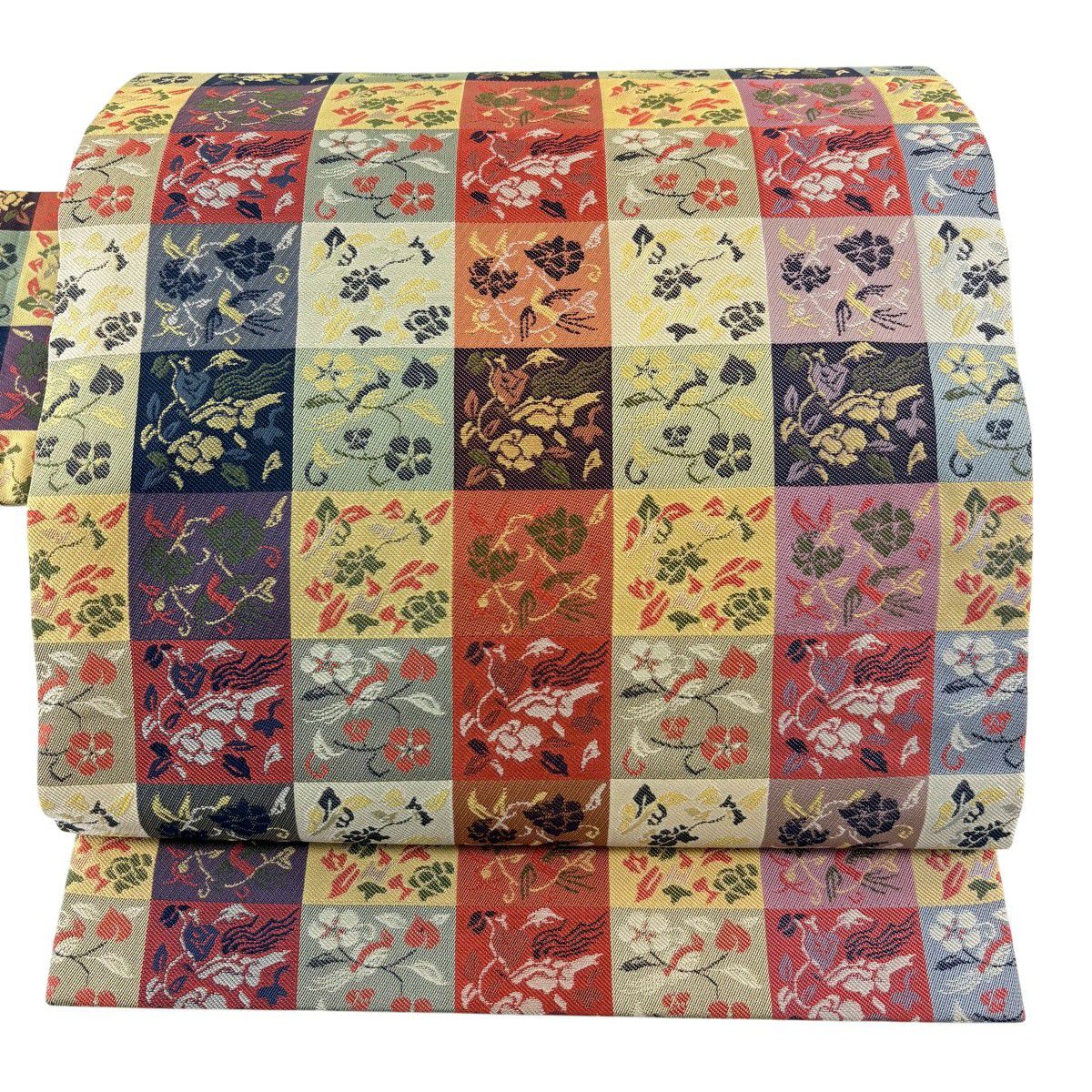 【美品】名古屋帶 秀品級 草花紋紋 鳥 灰綠 純蠶絲