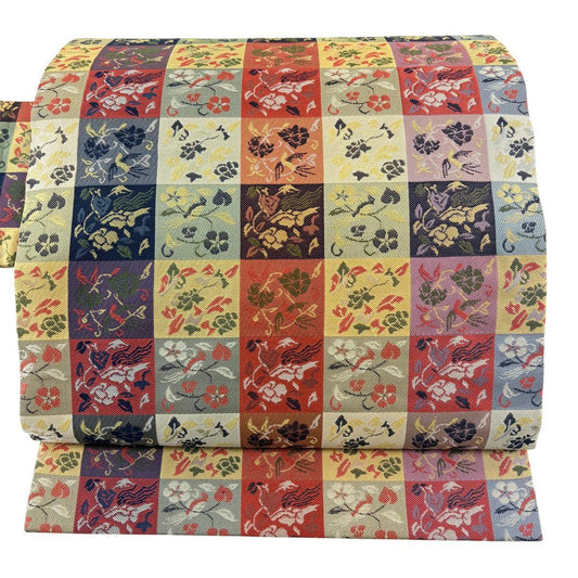 【美品】名古屋帶 秀品級 草花紋紋 鳥 灰綠 純蠶絲