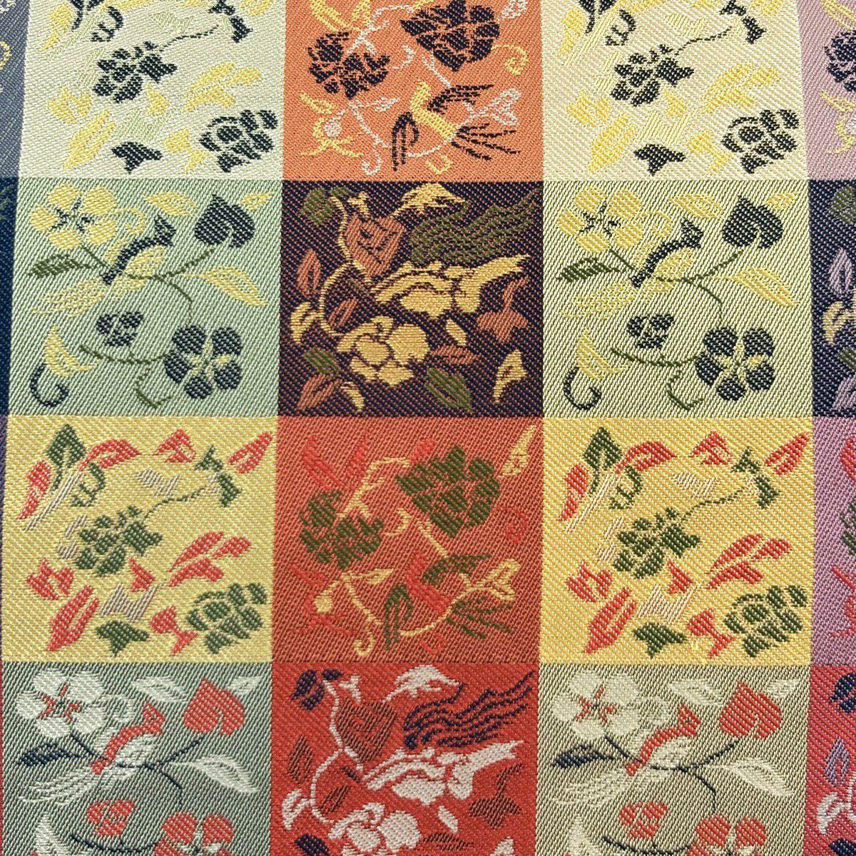 【美品】名古屋帶 秀品級 草花紋紋 鳥 灰綠 純蠶絲