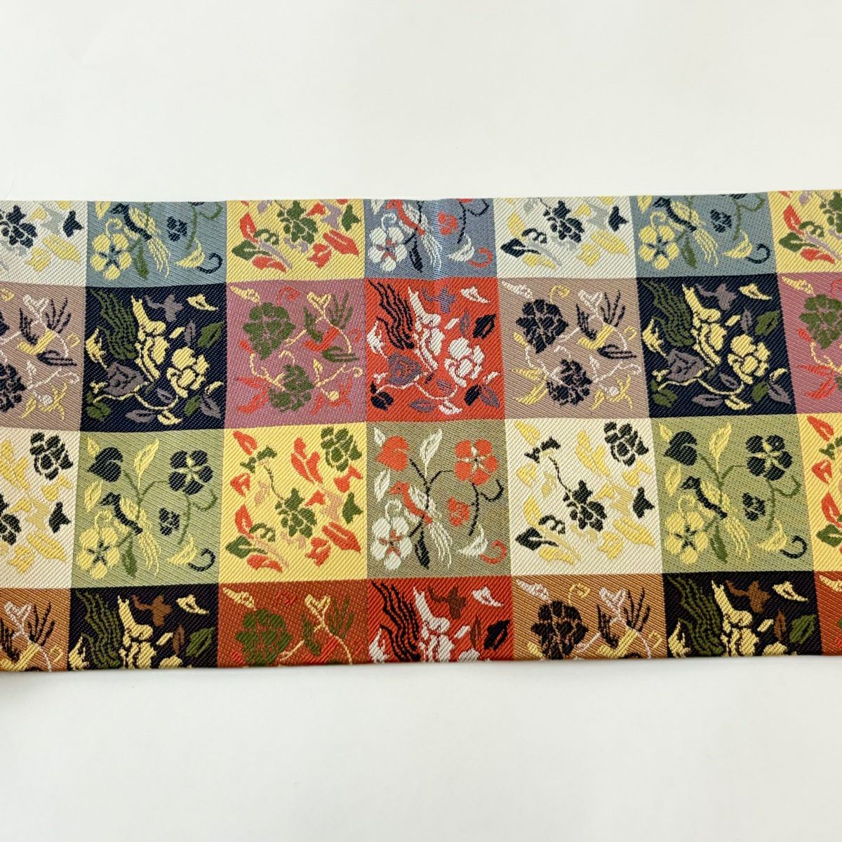 【美品】名古屋帶 秀品級 草花紋紋 鳥 灰綠 純蠶絲
