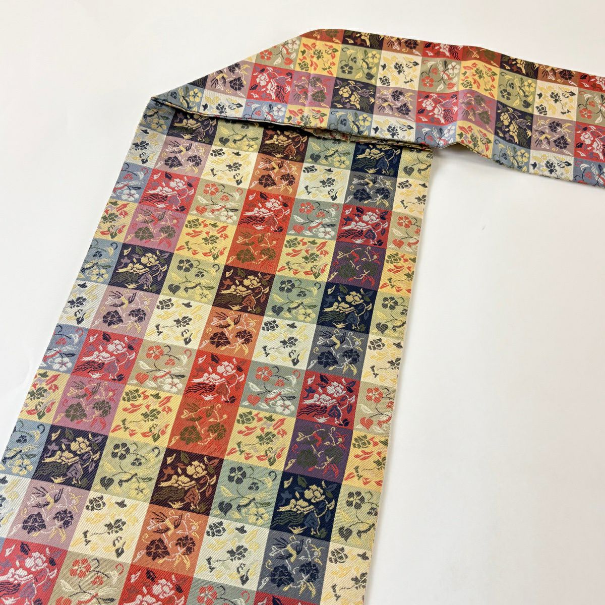 【美品】名古屋帶 秀品級 草花紋紋 鳥 灰綠 純蠶絲
