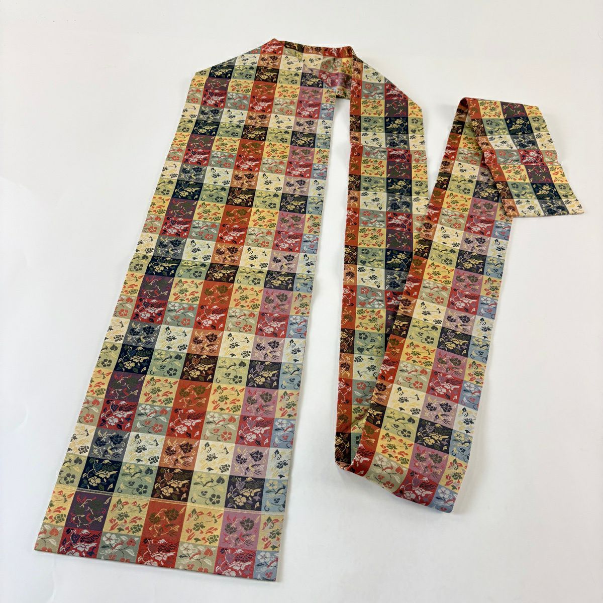 【美品】名古屋帶 秀品級 草花紋紋 鳥 灰綠 純蠶絲