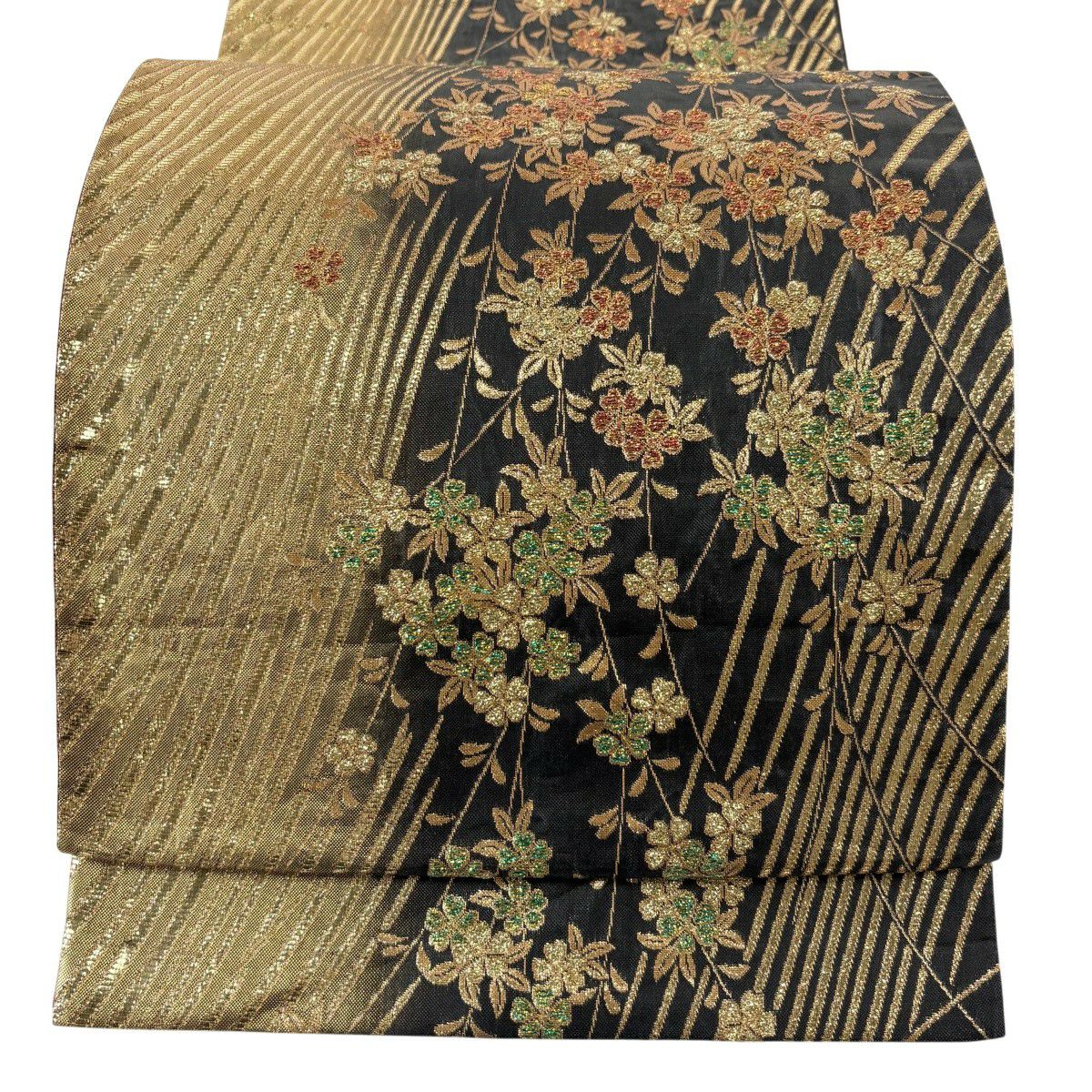【美品】 袋帶 秀品級櫻花 幾何學 金金箔 墨 黑 六通 純蠶絲