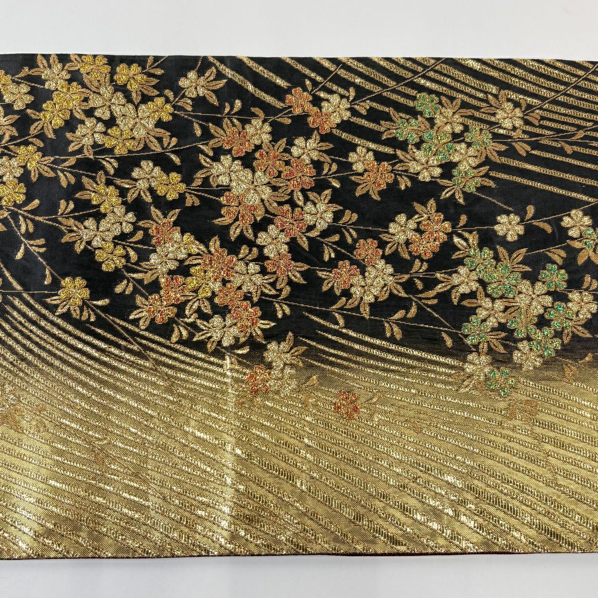 【美品】 袋帶 秀品級櫻花 幾何學 金金箔 墨 黑 六通 純蠶絲