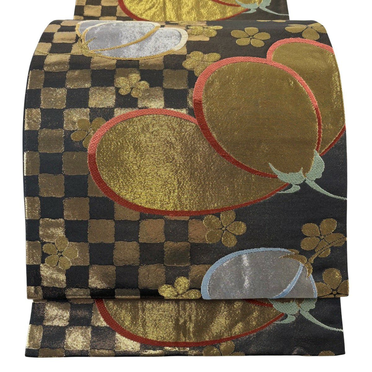 【美品】 袋帶 秀品級 梅花 市松樹 金銀絲 金金箔 黑 六通 純蠶絲