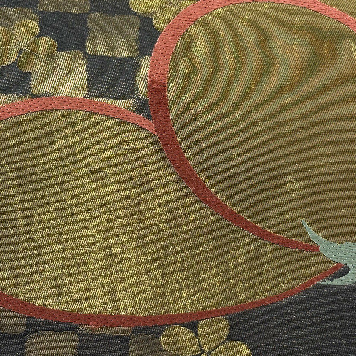 【美品】 袋帶 秀品級 梅花 市松樹 金銀絲 金金箔 黑 六通 純蠶絲