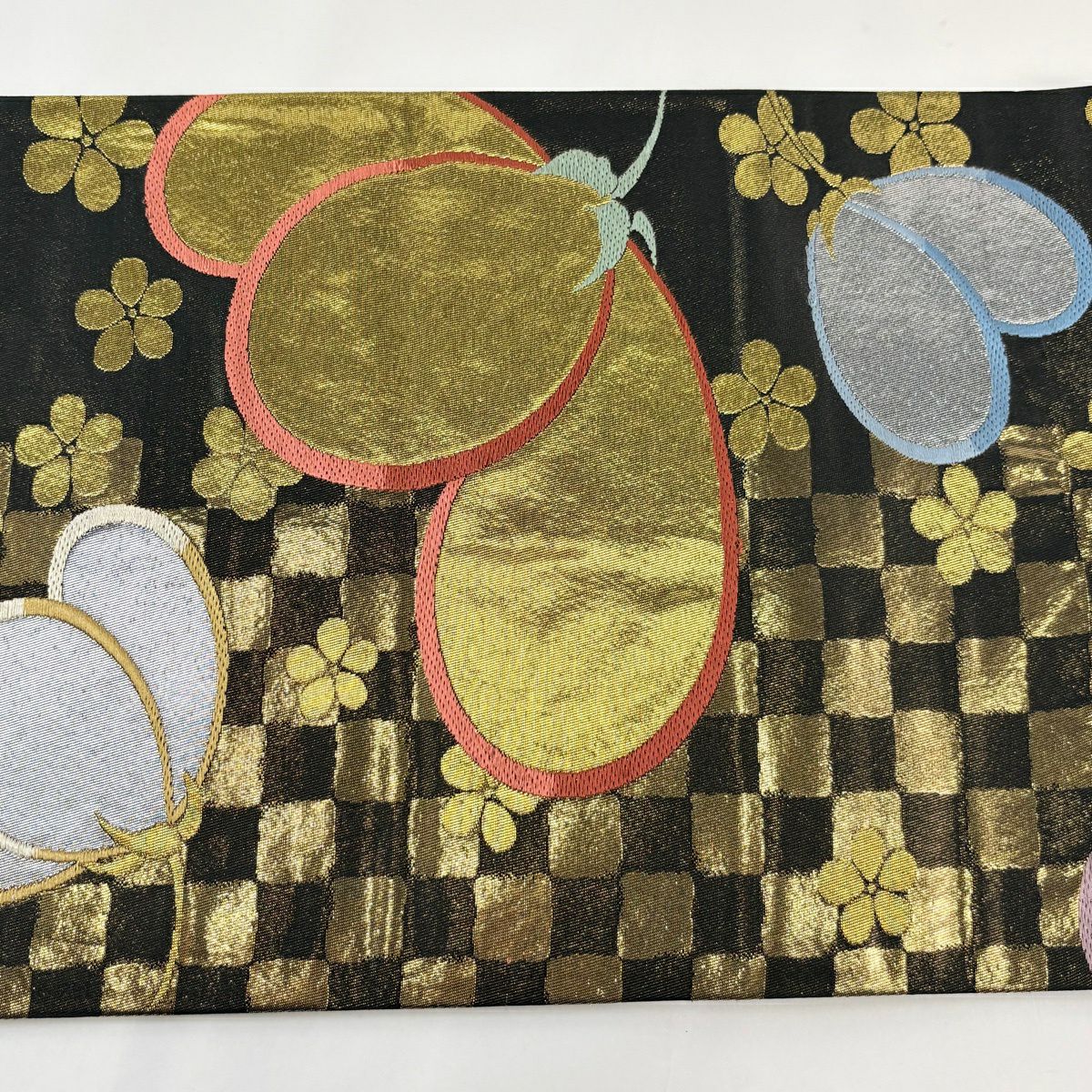 【美品】 袋帶 秀品級 梅花 市松樹 金銀絲 金金箔 黑 六通 純蠶絲