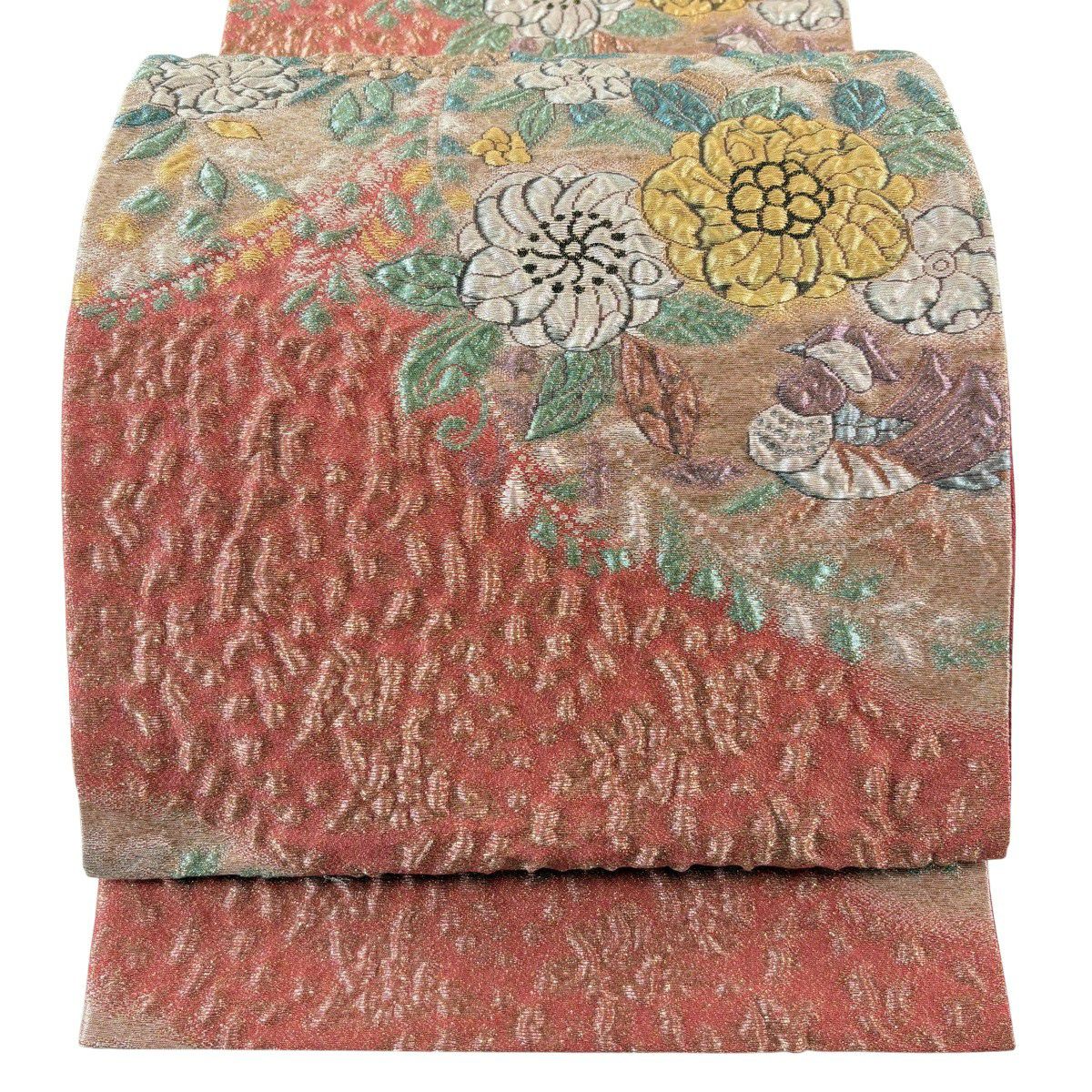 【美品】 袋帶 秀品級 草花紋紋 鳥 金糸 金金箔 朱 深藍 六通 純蠶絲