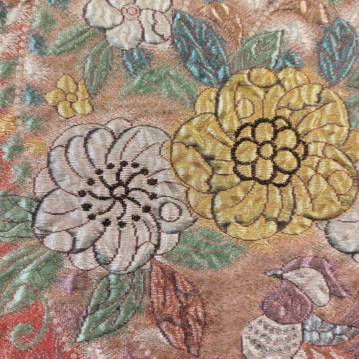 【美品】 袋帶 秀品級 草花紋紋 鳥 金糸 金金箔 朱 深藍 六通 純蠶絲