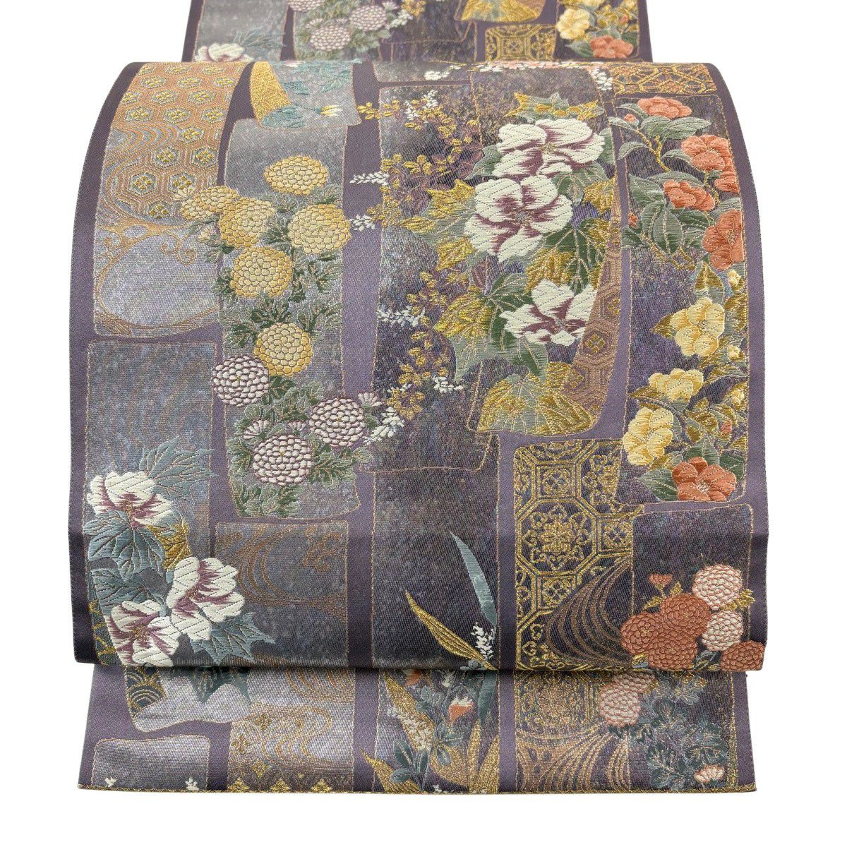 袋帶 秀品級 花薫短冊紋 金絲 金金箔 紫 六通 純蠶絲