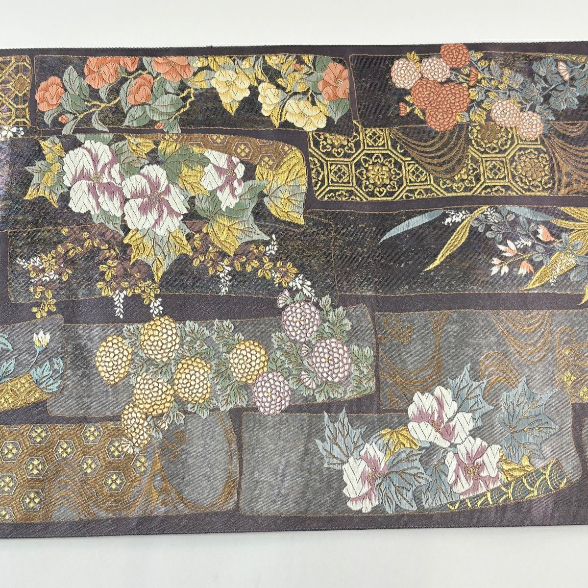 袋帶 秀品級 花薫短冊紋 金絲 金金箔 紫 六通 純蠶絲