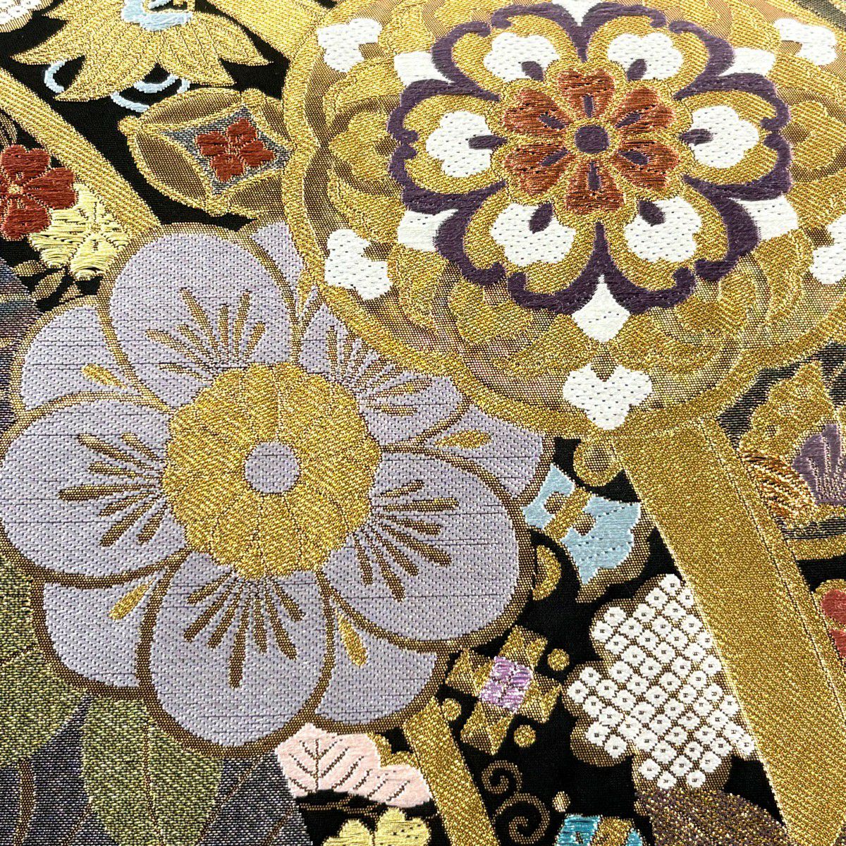 袋帶 秀品級 華紋 寶盡くし 金絲 金金箔 黑 全通 純蠶絲