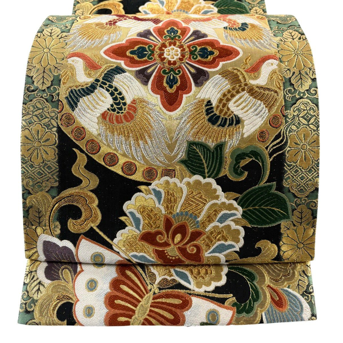 袋帶 秀品級 草花紋紋 鳥 金銀彩 金金箔 黑 六通 純蠶絲