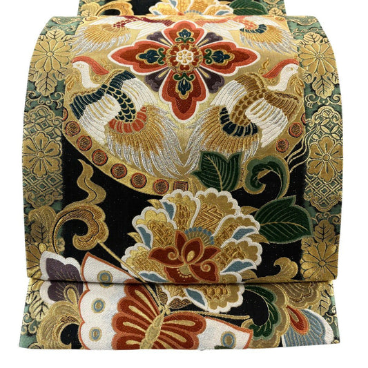 袋帶 秀品級 草花紋紋 鳥 金銀彩 金金箔 黑 六通 純蠶絲