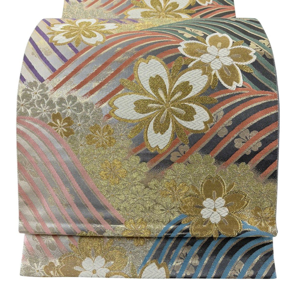 【美品】 袋帶 秀品級 樱花 波 金絲 金金箔 墨色 六通 純蠶絲