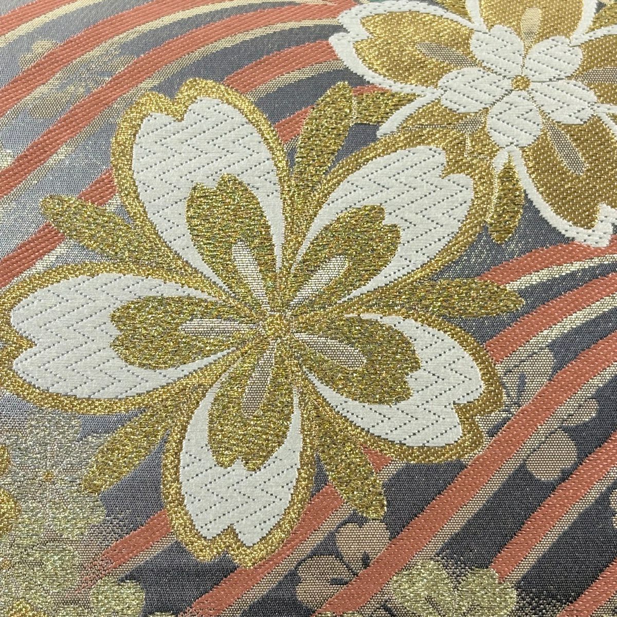 【美品】 袋帶 秀品級 樱花 波 金絲 金金箔 墨色 六通 純蠶絲