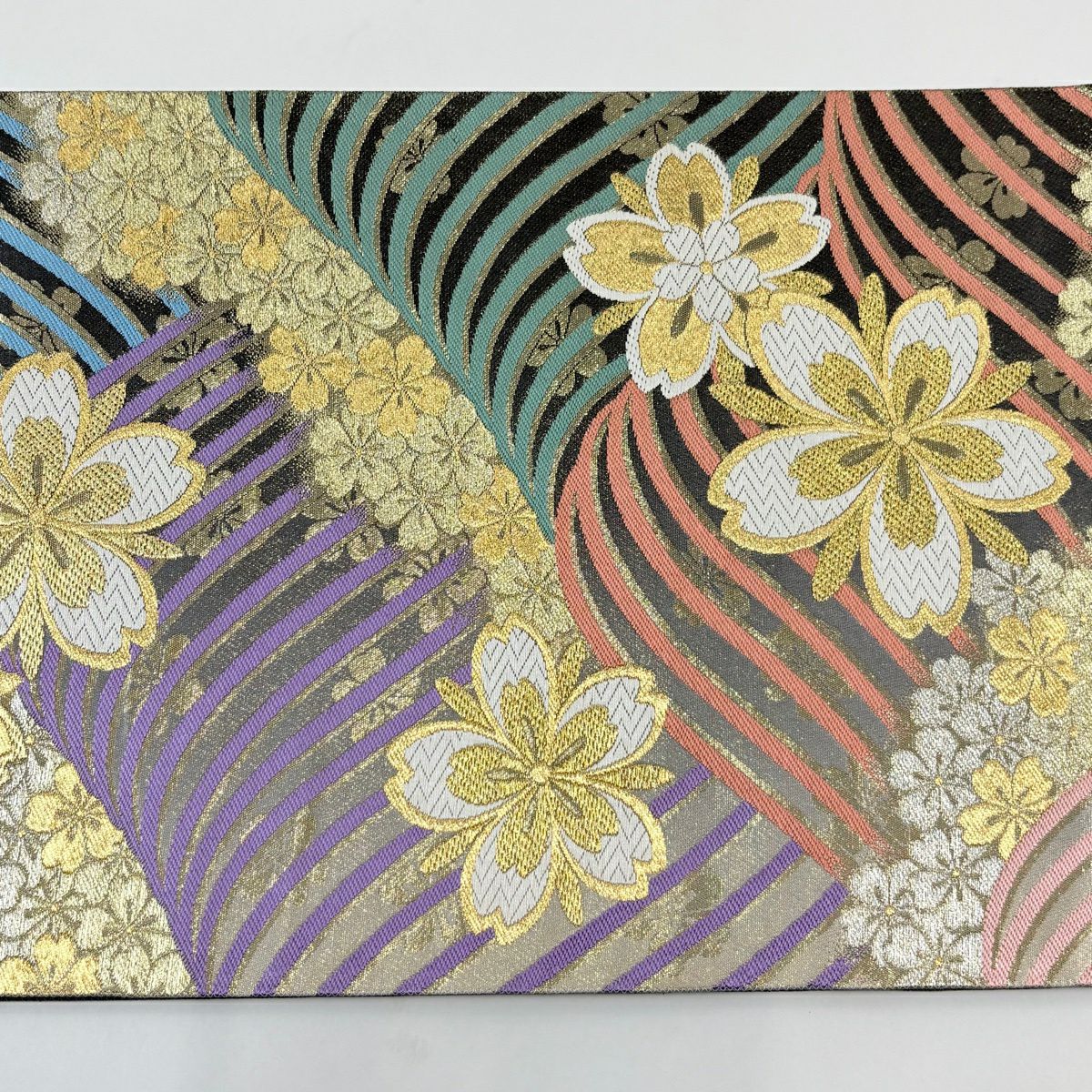 【美品】 袋帶 秀品級 樱花 波 金絲 金金箔 墨色 六通 純蠶絲