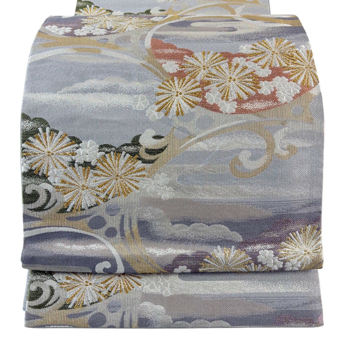 【美品】 袋帶 秀品級 松樹 ヱ霞 金絲 金金箔 灰色 六通 純蠶絲