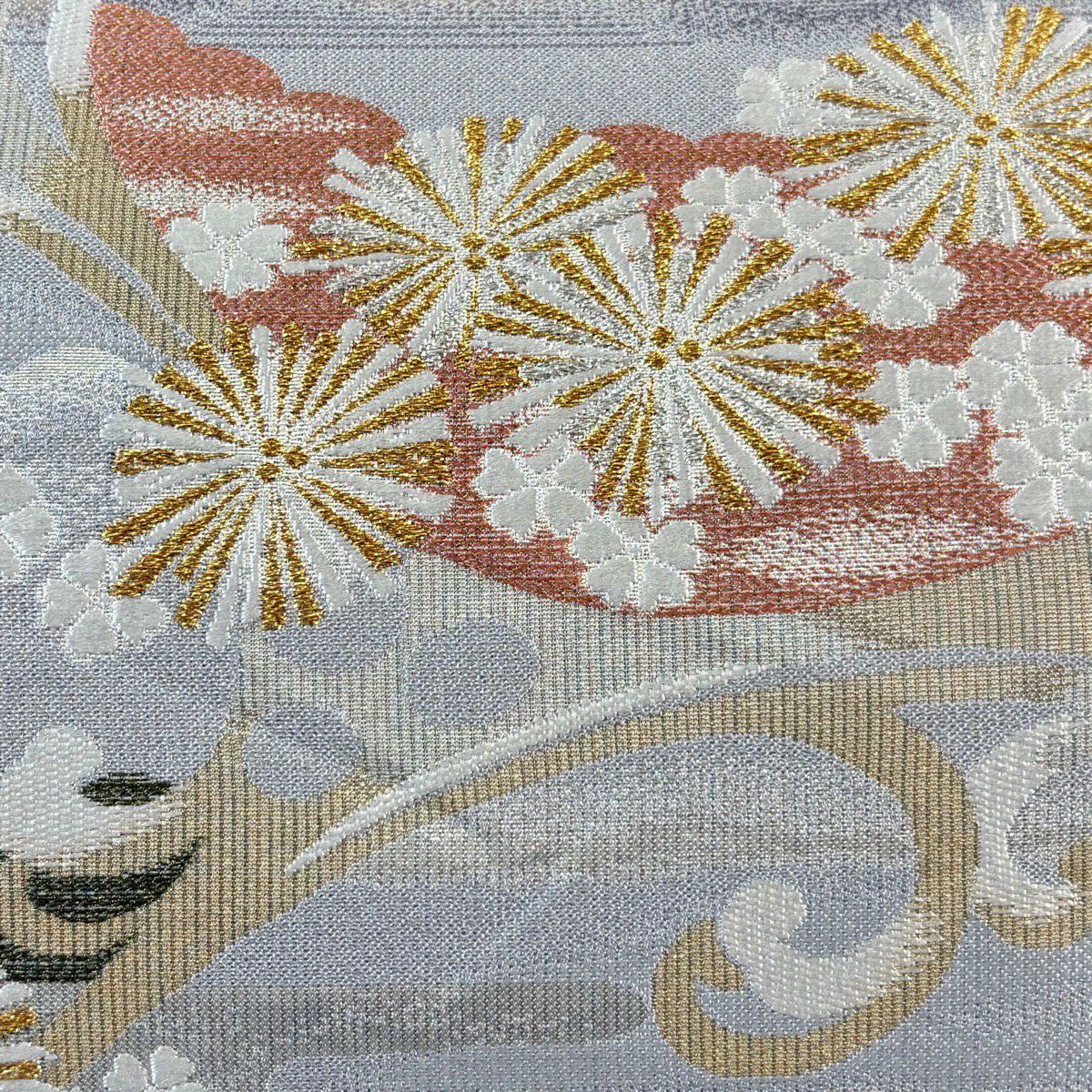 【美品】 袋帶 秀品級 松樹 ヱ霞 金絲 金金箔 灰色 六通 純蠶絲