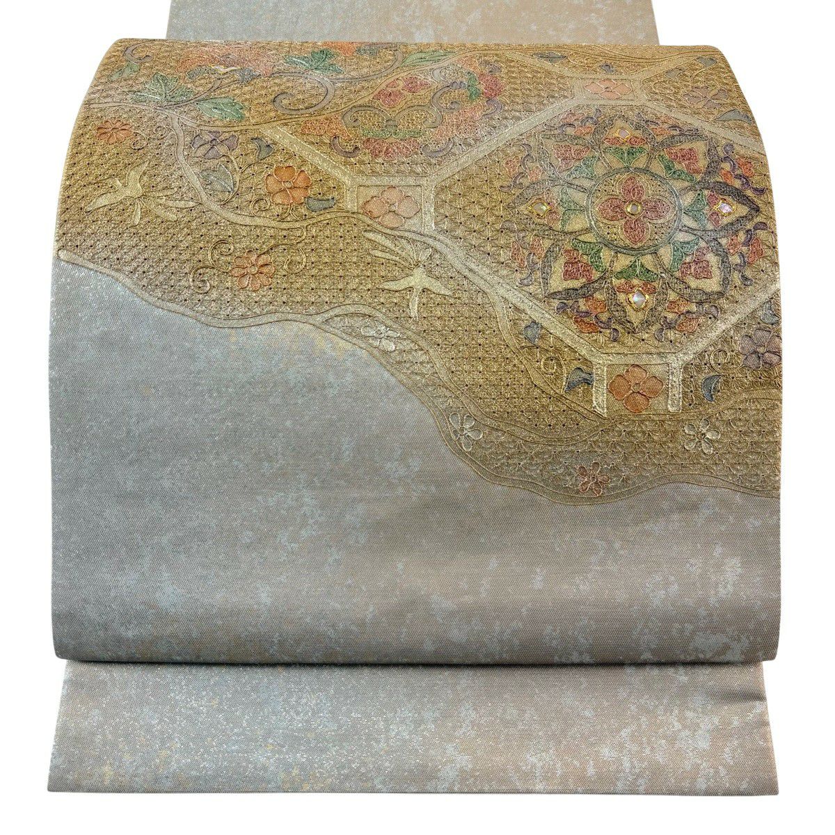 袋帶 秀品級 華紋 鳥 金金箔 螺鈿 金色 大鼓圖案 純蠶絲