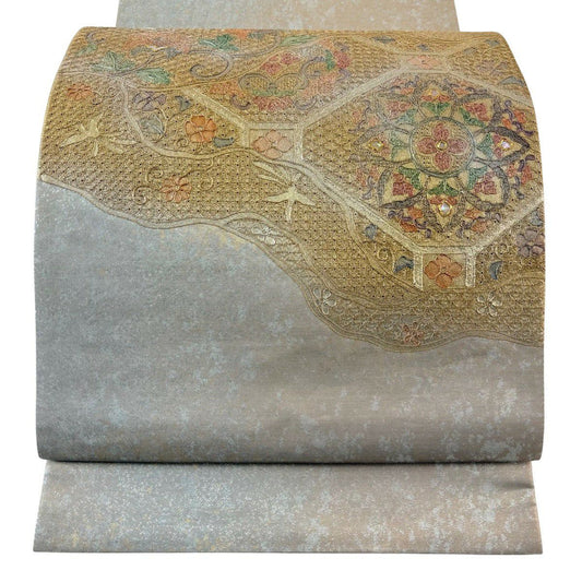 袋帶 秀品級 華紋 鳥 金金箔 螺鈿 金色 大鼓圖案 純蠶絲