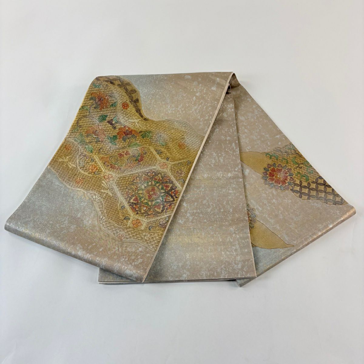 袋帶 秀品級 華紋 鳥 金金箔 螺鈿 金色 大鼓圖案 純蠶絲