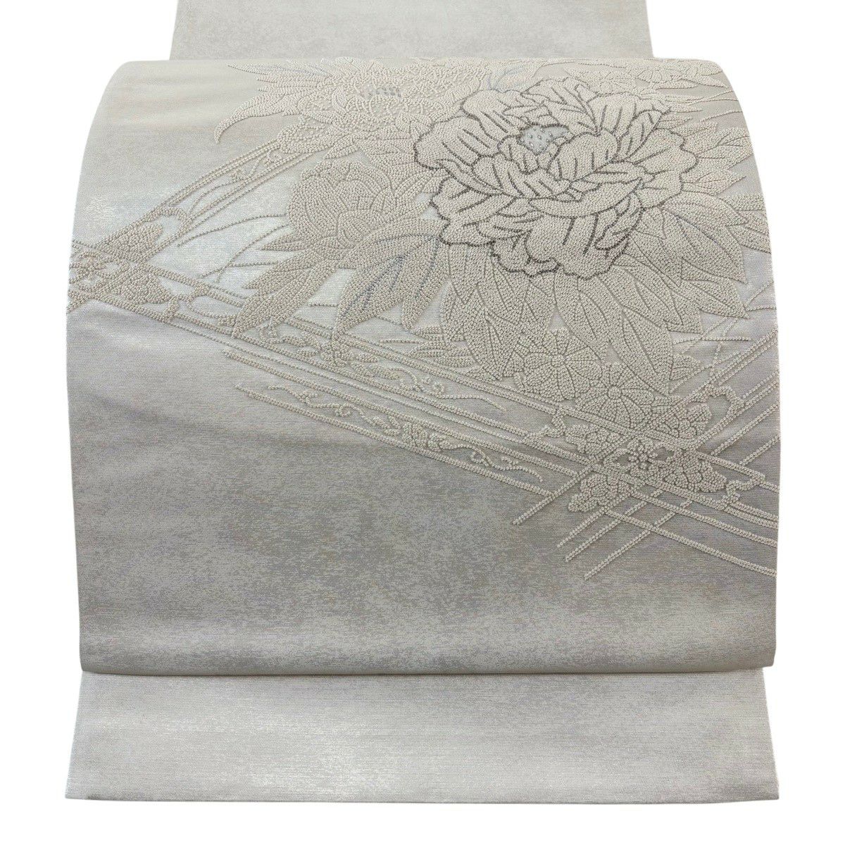 【美品】 袋帶 秀品級 牡丹 花菱 刺繡 金金箔 灰白 お太鼓圖案 純蠶絲