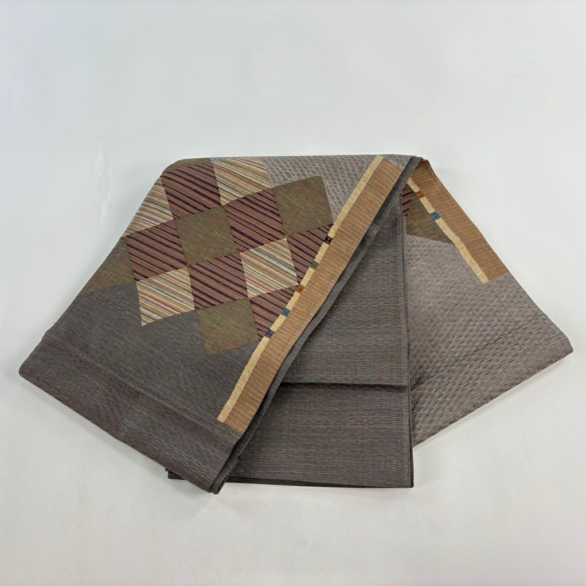 【美品】 袋帶 秀品級 大和 菱形 縞紋 金絲 灰茶色 大鼓圖案 純蠶絲