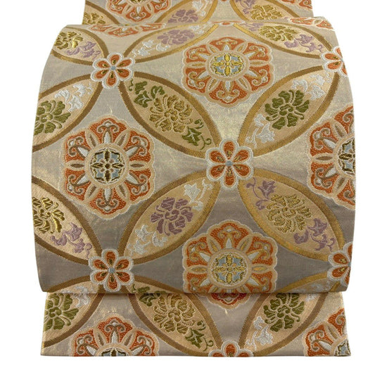 袋帶 秀品級 七寶紋 花 金金箔 金絲 金色 六通 純蠶絲