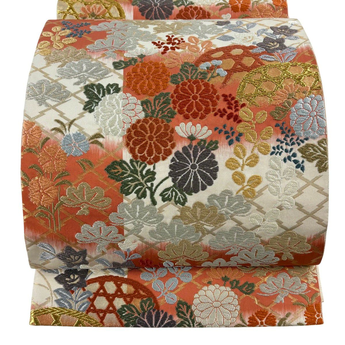【美品】 袋帶 秀品級 秋草 松樹 唐織 金絲 朱 純蠶絲