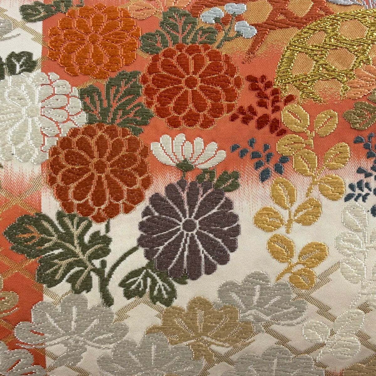 【美品】 袋帶 秀品級 秋草 松樹 唐織 金絲 朱 純蠶絲