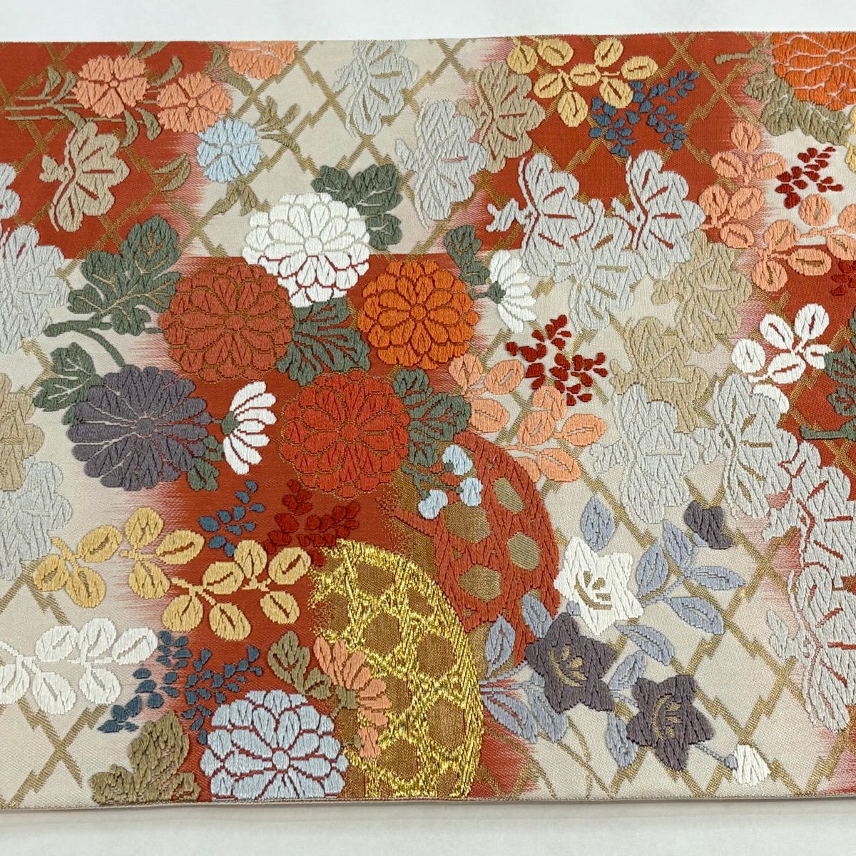 【美品】 袋帶 秀品級 秋草 松樹 唐織 金絲 朱 純蠶絲