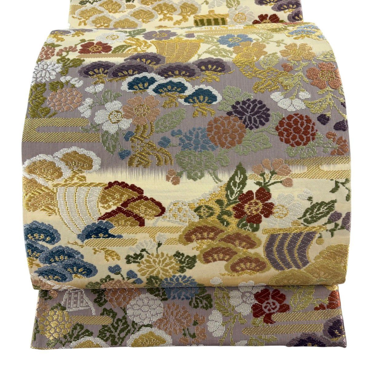 【美品】 袋帶 秀品級 松樹 櫻花 唐織 金絲 米色 六通 純蠶絲