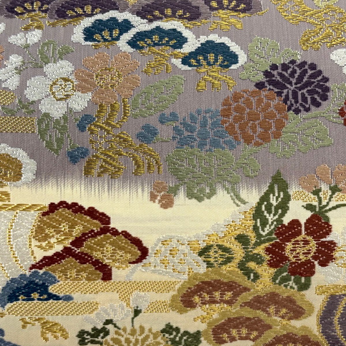 【美品】 袋帶 秀品級 松樹 櫻花 唐織 金絲 米色 六通 純蠶絲